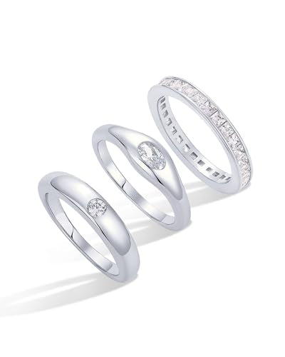 PAVOI 14K Gold Plated Stackable Rings for Women - Dainty Stackable Gold Ring Set of Three with Cubic Zirconia Multi-Bands - Trendy Fashion Jewelry - color: White Gold