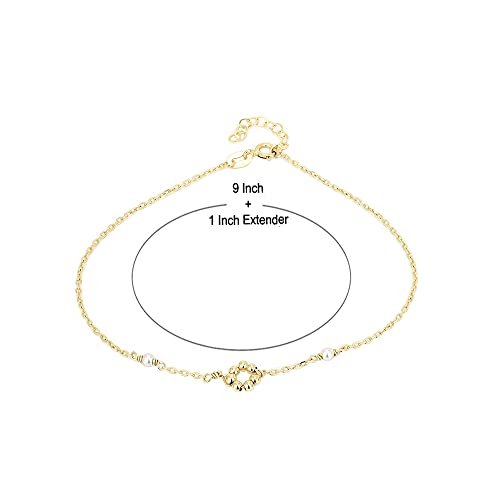 Vanbelle 18K Gold Plated Jewelry - Beaded Round Charm Anklet with White Faux Pearl - Stylish Designer Foot Jewelry - Unique Elegant Beautifully Designed Anklet for Women - 9" long + 1" extender
