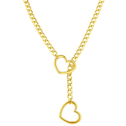 sroyte Heart Slip Chain Necklaces for Women,Stainless Steel O-Ring Adjustable Lariat Y-Necklace,Punk Gothic Cuban Collar Choker Necklace for women - color: Chunky Gold Heart, size: 31"