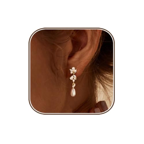 Pearl Earrings for Women:Gold Wedding Dangle Drop Earring Pearl Jewelry | 14K Gold Plated Pearl Drop Earrings for Women,Dainty Wedding Bride Earring Studs,Gold Dangle Drop Earring,Waterproof Jewelry - size: 1 pcs-15