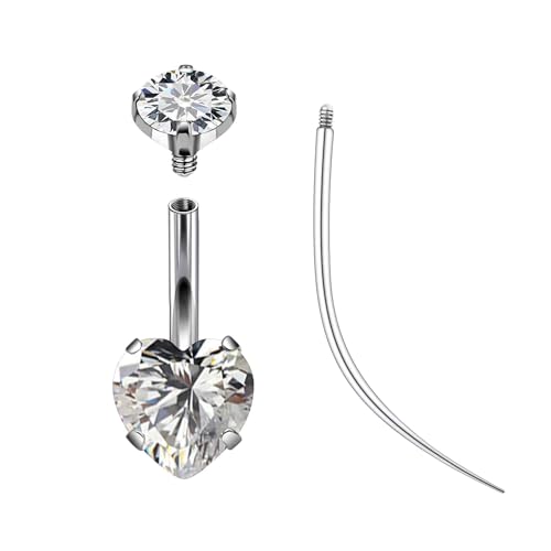 ASTM F136 Titanium Belly Button Rings 14G CZ Heart Belly Navel Rings 10mm Bar Body Piercing Jewelry Navel Ring With 1PCS Curved Piercing Taper - color: Clear CZ