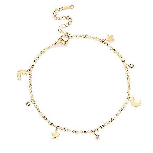 Ankle Bracelet for Women Stainless Steel Chain Beach Anklet Bracelet Adjustable Jewelry - style: Gold-SCMZ-Moon