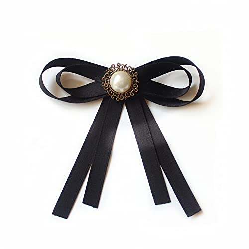 Fashion Ribbon Bow Tie Brooch Pins for Women Girls Crystal Pearl Uniform Pre-Tied Bowknot Corsage Party Ceremony Accessories - color: 37-6black