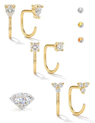 GEMQUEEN Moissanite 925 Sterling Silver Half Hoop Earrings for Women, Small Stay Close Huggie Hoops Comfort Backless Earring Lightweight No Back Moissanite Arc Hoop Earrings D Color VVS1 - color: Gold, size: 3 Pairs-Trinity/Round/Pear