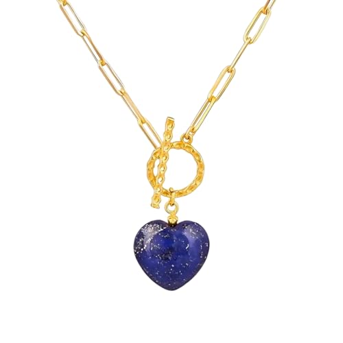 Gempires Gemstone Heart Pendant Necklace for Women, Gold Toggle Birthstone | Handmade gemstone heart pendant necklace — choose from 11 stones and birthstones, gold toggle paperclip chain. - color: Lapis Lazuli
