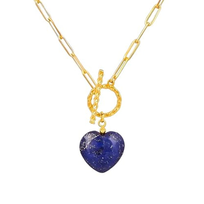 Gempires Gemstone Heart Pendant Necklace for Women, Gold Toggle Birthstone | Handmade gemstone heart pendant necklace — choose from 11 stones and birthstones, gold toggle paperclip chain. - color: Lapis Lazuli