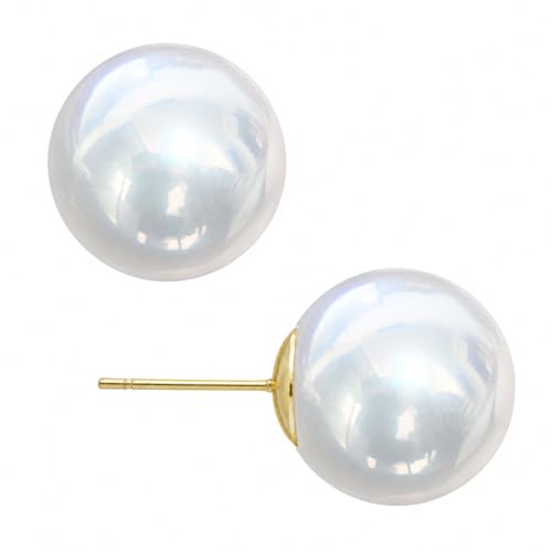 ZLP Oversize 14/12/10mm Classic Round Strong Light Simulated Shell Pearl Earrings 14K Gold Plated Sterling Silver Stud Big Pearl Earrings for Women, - color: Mirror-finish pearls, size: 8 mm