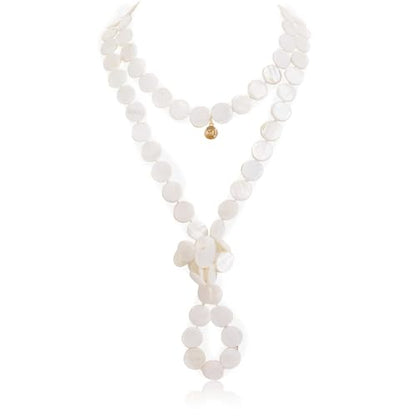 Firstmeet Flat Round Coin Shell Beads Long Knotted Necklace Natural Mother of Pearl Handmade Jewelry For Women - color: White
