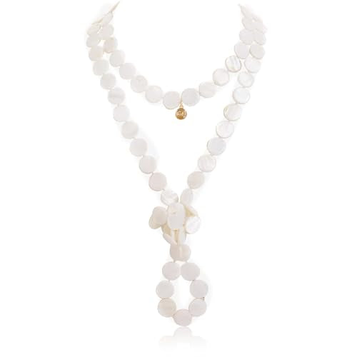 Firstmeet Flat Round Coin Shell Beads Long Knotted Necklace Natural Mother of Pearl Handmade Jewelry For Women - color: White