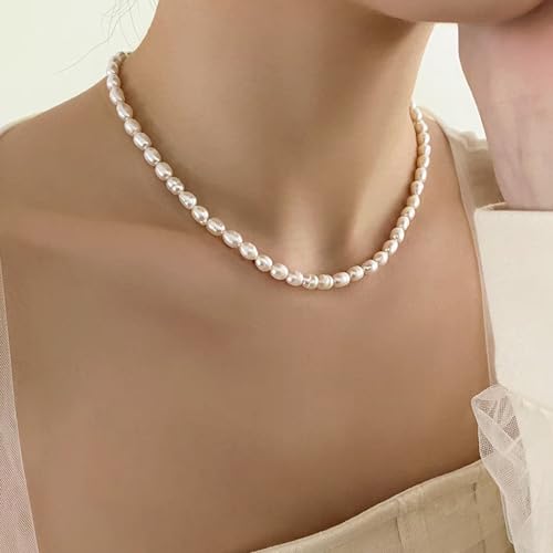 Zeffy Pearl Necklace 4MM/6MM/8MM Dainty Round Imitation Pearl Choker Necklace Wedding Pearl Necklace Delicate Jewelry for Women Simple Bridesmaid Jewelry Gifts - style: 4mm Silver Freshwater Pearl Choker(14"+2")