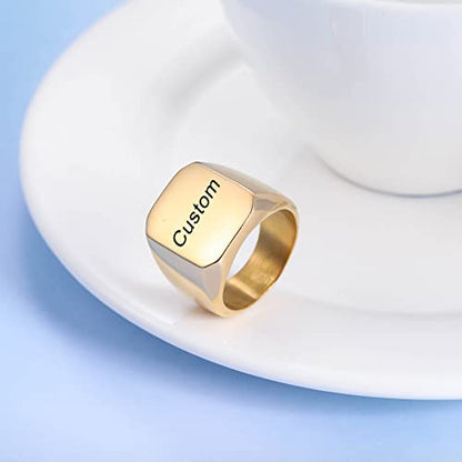 INBLUE Personalized Engraved Initial Monogram Signet Rings for Man Women Stainless Steel Rings Customize Jewelry with Ring Size Adjuster - color: Gold: Text