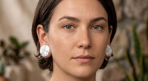 Pair of Solid White Howlite Semi Precious Stone Double Flare Ear Plugs E629 - size: 1/2 Inch (12mm)