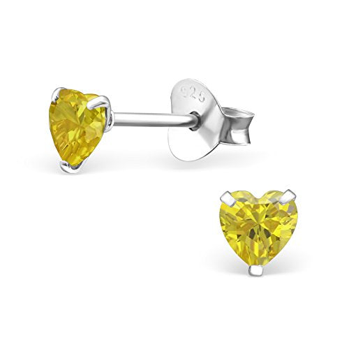 925 Sterling Silver 4mm Heart Birthstone CZ Stud Earrings 33210 (Choose Your Color) (Nickel Free) - color: Yellow
