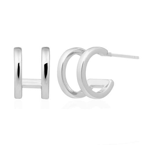 Obidos 14K Gold Plated Illusion Stud Earrings for Women | Triple Huggie Hoop Earrings for One Hole| Trendy Simple Hypoallergenic Fashion Accessories Gold Jewelry Gifts for Womens - color: Double Huggie Hoops-White Gold