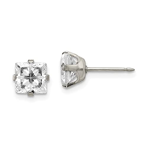Stainless Steel 7mm Faceted Square Cubic Zirconia Piercing Earrings | Length- 0.28 in Width-0.28 in
