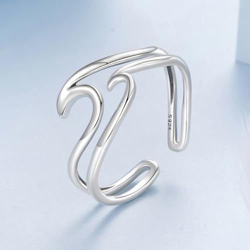 MUNDELL 925 Sterling Silver Simple Multi-layer Leaf Adjustable Ring Green Lucky Leaves Statement Ring for Women Promise Ring Fine Jewelry - color: White Silver