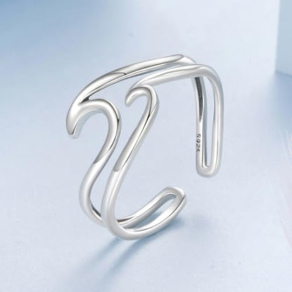MUNDELL 925 Sterling Silver Simple Multi-layer Leaf Adjustable Ring Green Lucky Leaves Statement Ring for Women Promise Ring Fine Jewelry - color: White Silver