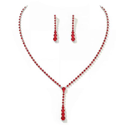 Bride Silver Bridal Necklace Earrings Set Crystal Wedding Jewelry Set Rhinestone Choker Necklace for Women and Brides - color: G Red