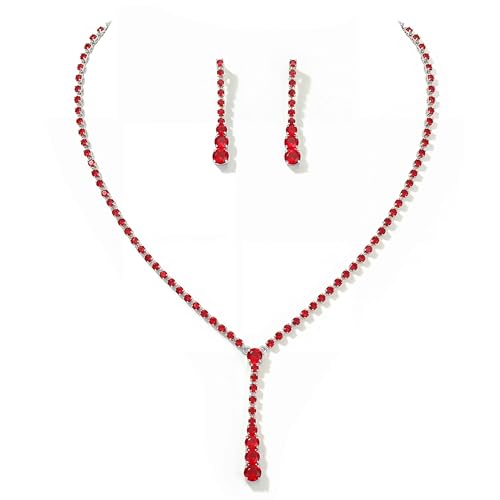 Bride Silver Bridal Necklace Earrings Set Crystal Wedding Jewelry Set Rhinestone Choker Necklace for Women and Brides - color: G Red