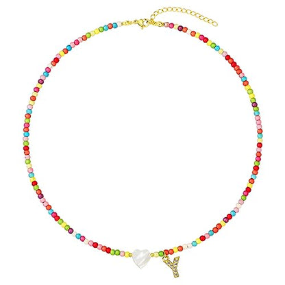 MJartoria Initial Necklaces for Women, Colorful Beaded Necklace, Shell Beach Necklace Letter Choker Handmade Jewelry Gifts - style: Y