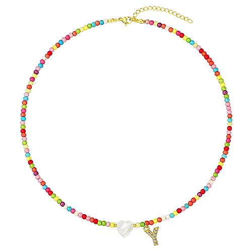 MJartoria Initial Necklaces for Women, Colorful Beaded Necklace, Shell Beach Necklace Letter Choker Handmade Jewelry Gifts - style: Y