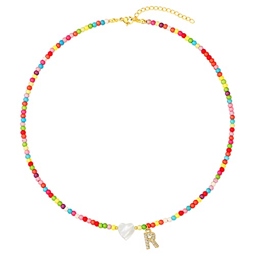 MJartoria Initial Necklaces for Women, Colorful Beaded Necklace, Shell Beach Necklace Letter Choker Handmade Jewelry Gifts - style: R