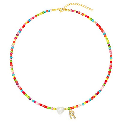 MJartoria Initial Necklaces for Women, Colorful Beaded Necklace, Shell Beach Necklace Letter Choker Handmade Jewelry Gifts - style: R