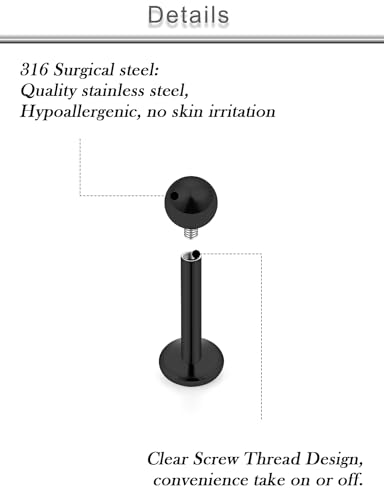 18G 16G 14G Lip Labret Medusa Nose Rings Studs Flat Back Earrings Internally Threaded 316L Surgical Steel Snake Bites Lip Rings Cartilage Tragus Helix Conch Earring Stud 6mm 7mm 8mm - color: Black-16G（1.2mm)-6mm 8mm 10mm Bars-3mm CZ