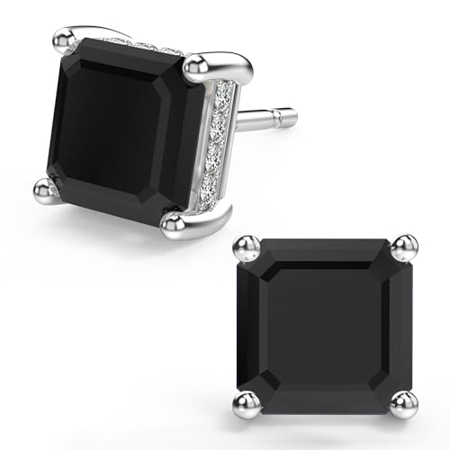 Asscher Cut Cubic Zirconia Stud Earrings for Men Women | Square CZ Simulated Diamond Studs, 18K White Gold Plated Sterling Silver - color: Black, size: 8MM