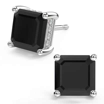 Asscher Cut Cubic Zirconia Stud Earrings for Men Women | Square CZ Simulated Diamond Studs, 18K White Gold Plated Sterling Silver - color: Black, size: 8MM