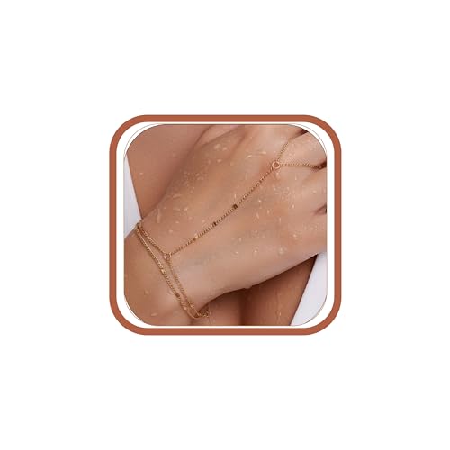 Hand Chain Bracelet Stainless Steel Gold Handchain Bracelets | Non Tarnish Handchain Bracelet for Women Summer Essentials Gold Link Bracelet Beach Waterproof Jewelry - color: Gold Double Layer