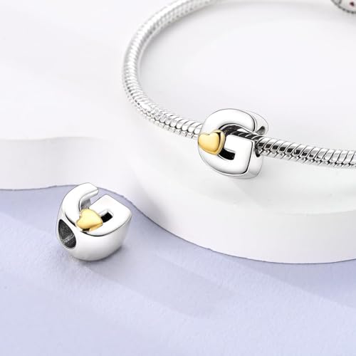 Two-Tone Gold Heart S925 Silver Letter Charm Fits Pandora Bracelet Necklace | Initial Bead Two-Tone Gold Heart, DIY European Bracelet Accessory, Gift for Ladies Birthday Anniversary Valentine - style: G