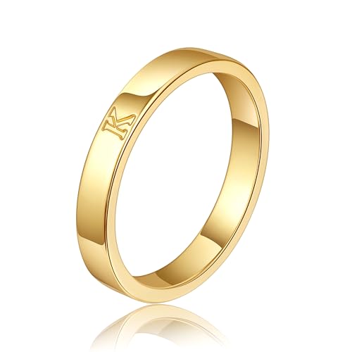WFYOU 14K Gold Filled Rings for Women Non Tarnish Dainty Gold Initial Ring Stackable Gold Rings for Women Alphabet Letter Ring Wedding Bands Thin Thumb Pinky Stacking Rings Jewelry Gifts for Women - color: K, size: 9
