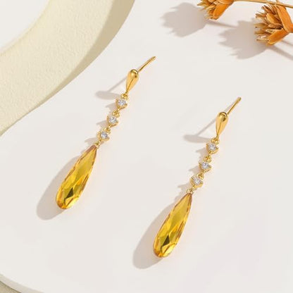VONSSY Austrian Crystal Teardrop Drop Dangle Earrings Gold Plated Silver Post Zircon Gemstone Jewelry Gift for Woman Girlfriend Mom Wife - color: Yellow
