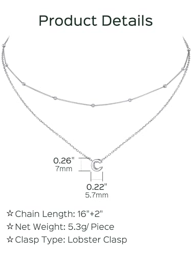 ChicSilver Layered Initial Necklace for Women, 925 Sterling Silver Personalized Letter A-Z Pendant Necklaces, Hypoallergenic Silver Choker with Adjustable 16" Rolo Chain, Dainty Birthday jewelry - style: C