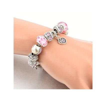 Pink Hearts Silver Plated Charm Bracelet, DIY Jewelry for Women with Beads, Charms, and Adjustable Snake Chain, Fits 7.5"+1.5" - color: Pink, size: 19cm