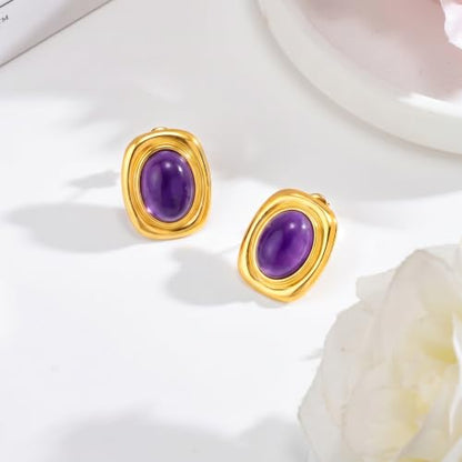 Chunky Gold Stud Earrings for Women 18K Gold Plated Hypoallergenic Chunky Statement Earrings Big Natural Crystal Stone Earring Gift for Women - color: Amethyst