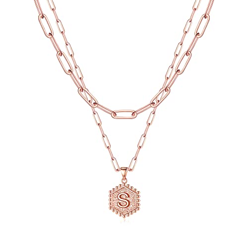 M MOOHAM Dainty Initial Necklaces for Women, 14K-Gold-Plated Layering Necklace for Women Cute Hexagon Letter Initial Necklace Layered Necklaces for Womens Teen Girl Gifts - color: Rose Gold Plated, style: S