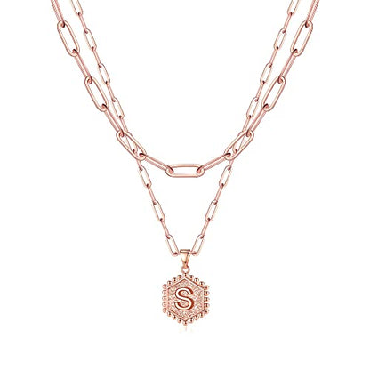 M MOOHAM Dainty Initial Necklaces for Women, 14K-Gold-Plated Layering Necklace for Women Cute Hexagon Letter Initial Necklace Layered Necklaces for Womens Teen Girl Gifts - color: Rose Gold Plated, style: S
