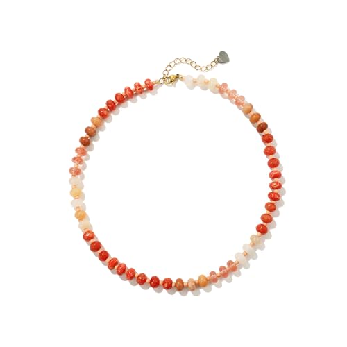 Joya Love Colorful Gemstone Beaded Necklaces For Women Trendy Rainbow Natural Stone Boho Handmade Stainless Steel Waterproof Strand Necklaces Jewelry For Women Gift - color: Red Pink