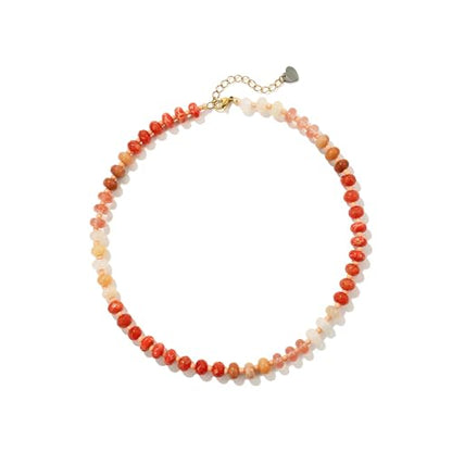 Joya Love Colorful Gemstone Beaded Necklaces For Women Trendy Rainbow Natural Stone Boho Handmade Stainless Steel Waterproof Strand Necklaces Jewelry For Women Gift - color: Red Pink