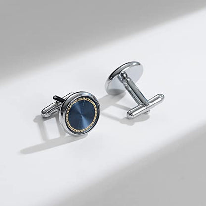 wynameleri Mens Cufflinks and Studs Set Blanks Round 4 Colors Shirt Tuxedo Buttons Packed in Cufflink Box for Business Wedding Jewelry - color: Blue