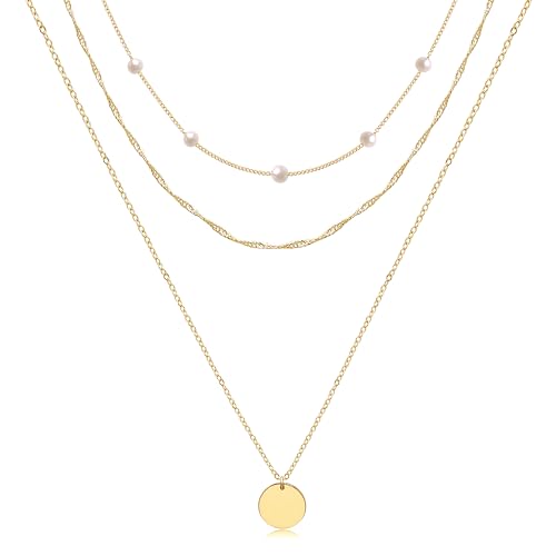 Aisansty Dainty Layered Choker Necklaces Handmade Coin Tube Star Pearl Pendant Multilayer Adjustable Layering Chain Gold Plated Necklaces Set for Women - color: Gold, style: Gold Pearl&Disc