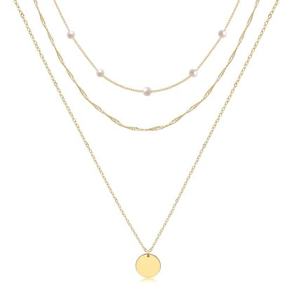 Aisansty Dainty Layered Choker Necklaces Handmade Coin Tube Star Pearl Pendant Multilayer Adjustable Layering Chain Gold Plated Necklaces Set for Women - color: Gold, style: Gold Pearl&Disc