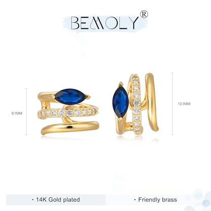Bemoly Ear Cuff Earrings for Women 14K Gold Plated Cubic Zirconia Dangle Huggie Ear Cuffs Non Piercing | Clip On Cartilage - style: Blue Split Trio