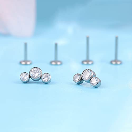 limerencia G23 Hypoallergenic 18g Flat Back Stud Earrings | F136 Implant Grade Titanium Pressfit Threadless Push Pop in Cartilage Helix Labret Lip Monroe Tragus Flat Back Piercing Studs - color: Three Crystal Cluster Silver