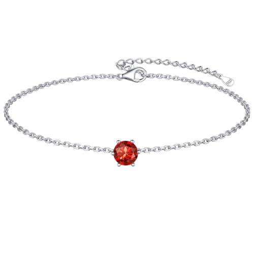 ChicSilver 925 Sterling Silver Anklets for Women, Simple Dainty Round/Heart Birthstone Ankle Bracelet Beach Foot Jewelry, 8.7-10.7 Inch Adjustable - color: 07. Round - July(Ruby)