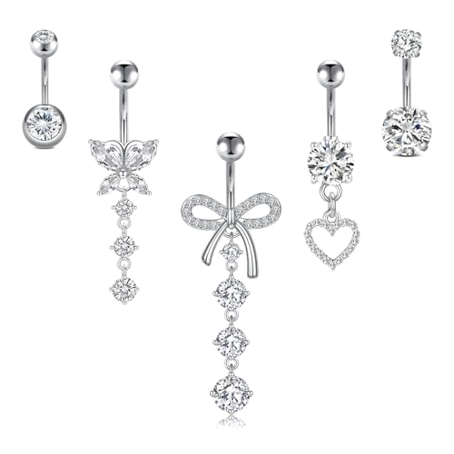 Briana Williams Belly Button Ring Belly Rings Belly Button Piercing Gold Belly Button Ring for Women Clicker Belly Ring Belly Piercing Stainless Steel 14g 10mm Blley Navel Rings Piercing Jewelry - color: E1 -5pcs, silver