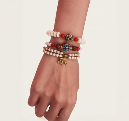 Petite Adjustable Boho Bracelet for Small Wrists 6-7.5 Inch - Handmade Nepalese Buddhist Prayer Bracelet with Elephant Charm, Brass Bell, Turquoise Stone & Tibetan Mantra Beads, Spiritual Lucky Gift - color: White-3Pcs