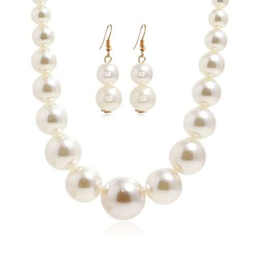 Fuqimanman2020 Chunky Large Simulated Pearl Choker Necklace Drop Dangle Earrings Crystal Bib Big Round Beaded Strand Multicolor Costume Statement Wedding Jewelry Set for Women Brides - color: Beige